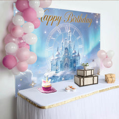 Lofaris Glitter Blue Ice Castle Birthday Backdrop with Clock and Snowflakes, Enchanting Winter Wonderland Background for Party Decor
