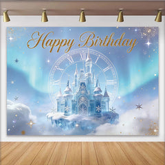 Lofaris Glitter Blue Ice Castle Birthday Backdrop with Clock and Snowflakes, Enchanting Winter Wonderland Background for Party Decor