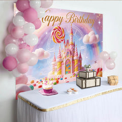 Lofaris Pink Candy Land Birthday Backdrop with Fairytale Castle and Rainbow, Magical Photo Background for Girls Party Decoration