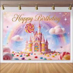 Lofaris Pink Candy Land Birthday Backdrop with Fairytale Castle and Rainbow, Magical Photo Background for Girls Party Decoration