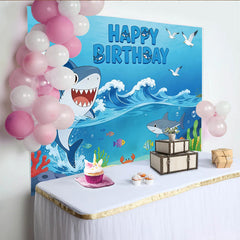 Lofaris Cartoon Shark Happy Birthday Backdrop with Ocean Waves, Colorful Marine Life Party Background for Kids Photos