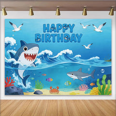 Lofaris Cartoon Shark Happy Birthday Backdrop with Ocean Waves, Colorful Marine Life Party Background for Kids Photos