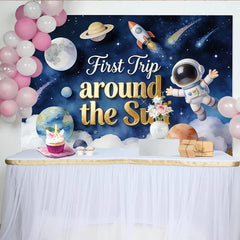 Lofaris Astronaut Space First Birthday Backdrop with Planets and Rocket, Starry Sky Party Background for Baby's First Trip Celebration