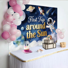 Lofaris Astronaut Space First Birthday Backdrop with Planets and Rocket, Starry Sky Party Background for Baby's First Trip Celebration