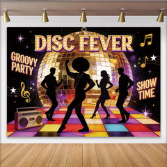 Lofaris Groovy Disco Party Backdrop with Golden Ball and Dancing Silhouettes, Colorful Dance Floor Background for Event Photography
