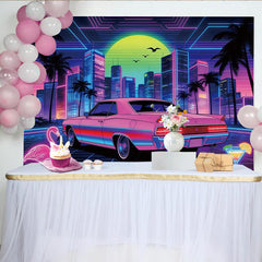 Lofaris Vibrant 80s Retro Neon City Photography Backdrop with Pink Car and Palm Trees, Futuristic Synthwave Background for Party