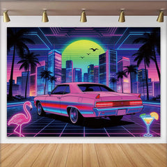 Lofaris Vibrant 80s Retro Neon City Photography Backdrop with Pink Car and Palm Trees, Futuristic Synthwave Background for Party