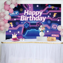 Lofaris Neon Gaming Birthday Backdrop with Controller and Level Up Signs, Vibrant Party Background for Game Theme Celebration