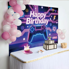 Lofaris Neon Gaming Birthday Backdrop with Controller and Level Up Signs, Vibrant Party Background for Game Theme Celebration