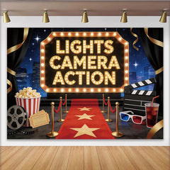 Lofaris Hollywood Movie Premiere Birthday Backdrop, Lights Camera Action Red Carpet Gold Star Theme for Party Photo Booth