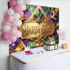 Lofaris Golden Mardi Gras Backdrop with Festive Masks and Glitter, Purple Green Gold Party Decoration for Celebration Photography.