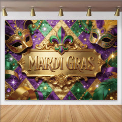 Lofaris Golden Mardi Gras Backdrop with Festive Masks and Glitter, Purple Green Gold Party Decoration for Celebration Photography.