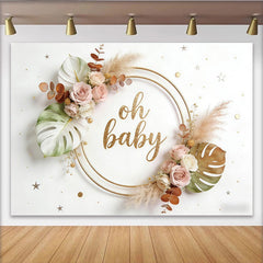 Lofaris Golden Oh Baby Boho Floral Baby Shower Backdrop with Roses and Pampas Grass, Elegant Photography Background for Party Decor