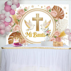 Lofaris Elegant Gold Cross Baptism Backdrop with Doves and Pink Roses, Mi Bautizo Religious Party Decor for Christening Event