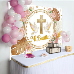 Lofaris Elegant Gold Cross Baptism Backdrop with Doves and Pink Roses, Mi Bautizo Religious Party Decor for Christening Event