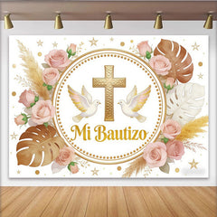 Lofaris Elegant Gold Cross Baptism Backdrop with Doves and Pink Roses, Mi Bautizo Religious Party Decor for Christening Event