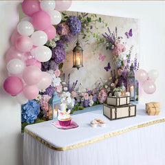 Lofaris Enchanted Garden Floral Photography Backdrop with Hydrangeas, Romantic Lanterns and Butterflies Background for Photoshoot