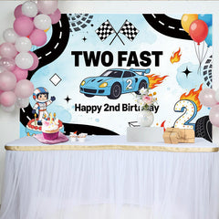 Lofaris' Two Fast Racing Car 2nd Birthday Backdrop, Blue Race Track Theme, for Kids Boy Party Decoration and Photo Booth Props