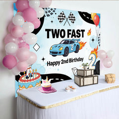 Lofaris' Two Fast Racing Car 2nd Birthday Backdrop, Blue Race Track Theme, for Kids Boy Party Decoration and Photo Booth Props