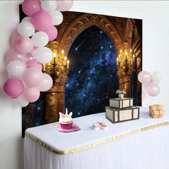 Lofaris Gothic Arch Starry Night Photography Backdrop with Chandeliers, Celestial Castle Background for Professional Studio Portraits