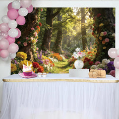 Lofaris Enchanted Forest Floral Photography Backdrop with Lush Trees and Sunlit Path, Magical Studio Background for Photoshoot Decor