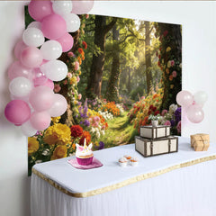 Lofaris Enchanted Forest Floral Photography Backdrop with Lush Trees and Sunlit Path, Magical Studio Background for Photoshoot Decor