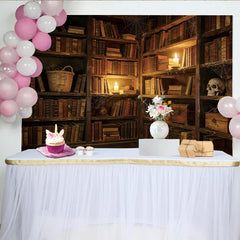 Lofaris Vintage Library Photography Backdrop with Old Books, Candles, and Skull, Mysterious Dark Academia Studio Background for Portrait