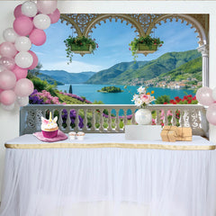 Lofaris Elegant Balcony View Natural Scenery Backdrop with Lake and Mountains, Vibrant Floral Photography Background for Studio or Event