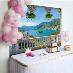 Lofaris Elegant Balcony View Natural Scenery Backdrop with Lake and Mountains, Vibrant Floral Photography Background for Studio or Event