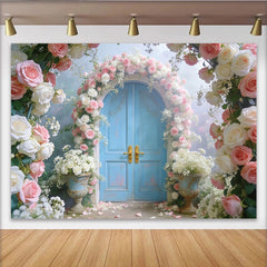 Lofaris Romantic Blue Door Floral Photography Backdrop with Pink and White Roses, Elegant Garden Arch Background for Wedding