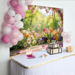 Lofaris Vibrant Spring Floral Photography Backdrop with Wooden Floor, Bright Nature Scene Background for Studio Photoshoots and Decor