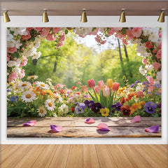 Lofaris Vibrant Spring Floral Photography Backdrop with Wooden Floor, Bright Nature Scene Background for Studio Photoshoots and Decor