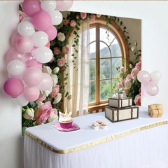 Lofaris Elegant Pink and White Rose Window Photography Backdrop, Romantic Studio Background for Portrait Photoshoot and Decor.
