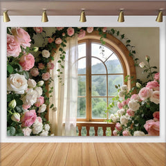 Lofaris Elegant Pink and White Rose Window Photography Backdrop, Romantic Studio Background for Portrait Photoshoot and Decor.