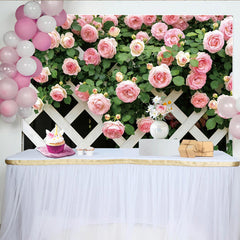 Lofaris Pink Rose Floral Photography Backdrop with White Lattice, Elegant Garden Background for Studio Photoshoot and Party Decor