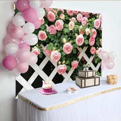 Lofaris Pink Rose Floral Photography Backdrop with White Lattice, Elegant Garden Background for Studio Photoshoot and Party Decor