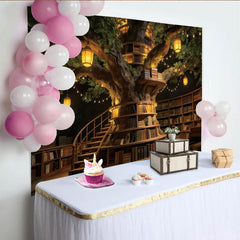 Lofaris Enchanted Tree Library Photography Backdrop with Warm Lights, Magical Studio Background for Fantasy Portraits and Events