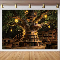 Lofaris Enchanted Tree Library Photography Backdrop with Warm Lights, Magical Studio Background for Fantasy Portraits and Events
