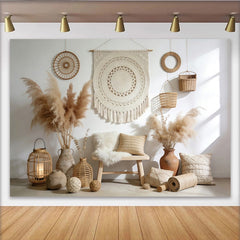 Lofaris Boho Macrame Pampas Grass Photography Backdrop with Neutral Tones, Rustic Wall Tapestry for Studio Photoshoot and Home Decor.