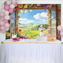 Lofaris Colorful Floral Window Photography Backdrop with Spring Landscape, Beautiful Nature Scene for Studio Photoshoot