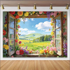 Lofaris Colorful Floral Window Photography Backdrop with Spring Landscape, Beautiful Nature Scene for Studio Photoshoot