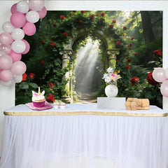 Lofaris Mystical Enchanted Forest Rose Arch Photography Backdrop, Romantic Garden Background for Professional Photoshoot