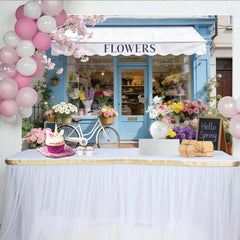 Lofaris Spring Flower Shop Photography Backdrop with Blue Facade and Cherry Blossoms, Charming Bicycle and Hello Spring Sign for Photoshoot