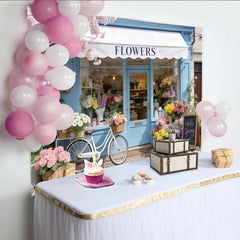 Lofaris Spring Flower Shop Photography Backdrop with Blue Facade and Cherry Blossoms, Charming Bicycle and Hello Spring Sign for Photoshoot