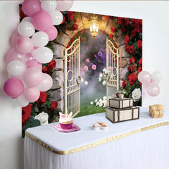 Lofaris Enchanted Garden Photography Backdrop with Red Roses and Stone Arch, Elegant Photo Booth Prop for Romantic Wedding and Portrait
