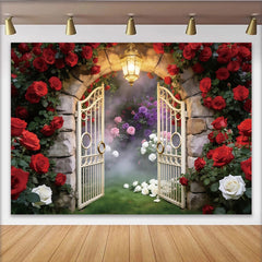 Lofaris Enchanted Garden Photography Backdrop with Red Roses and Stone Arch, Elegant Photo Booth Prop for Romantic Wedding and Portrait