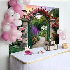 Lofaris Romantic Garden Floral Photography Backdrop with Stone Arch and Roses, Elegant Nature Background for Studio Photoshoot