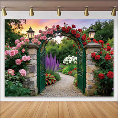 Lofaris Romantic Garden Floral Photography Backdrop with Stone Arch and Roses, Elegant Nature Background for Studio Photoshoot