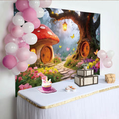Lofaris Magical Fairy Tale Forest Photography Backdrop, Whimsical Mushroom and Tree House Scene for Studio Photoshoot
