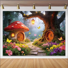 Lofaris Magical Fairy Tale Forest Photography Backdrop, Whimsical Mushroom and Tree House Scene for Studio Photoshoot